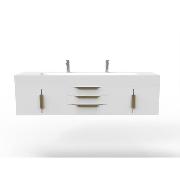 Castello Usa Nile 72" Wall Mounted White Vanity With White Top And Gold Handles CB-MC-72W-GLD-2053-WH - main